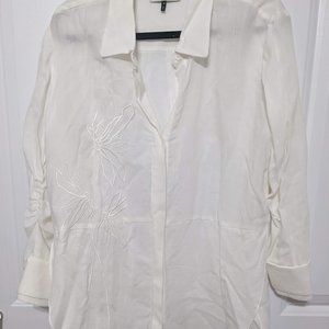 White Halston Heritage Button Down Blouse Embroidered Flower Floral Patter Size8